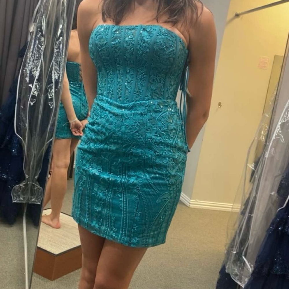 Strapless, sparkle lace homecoming dress.